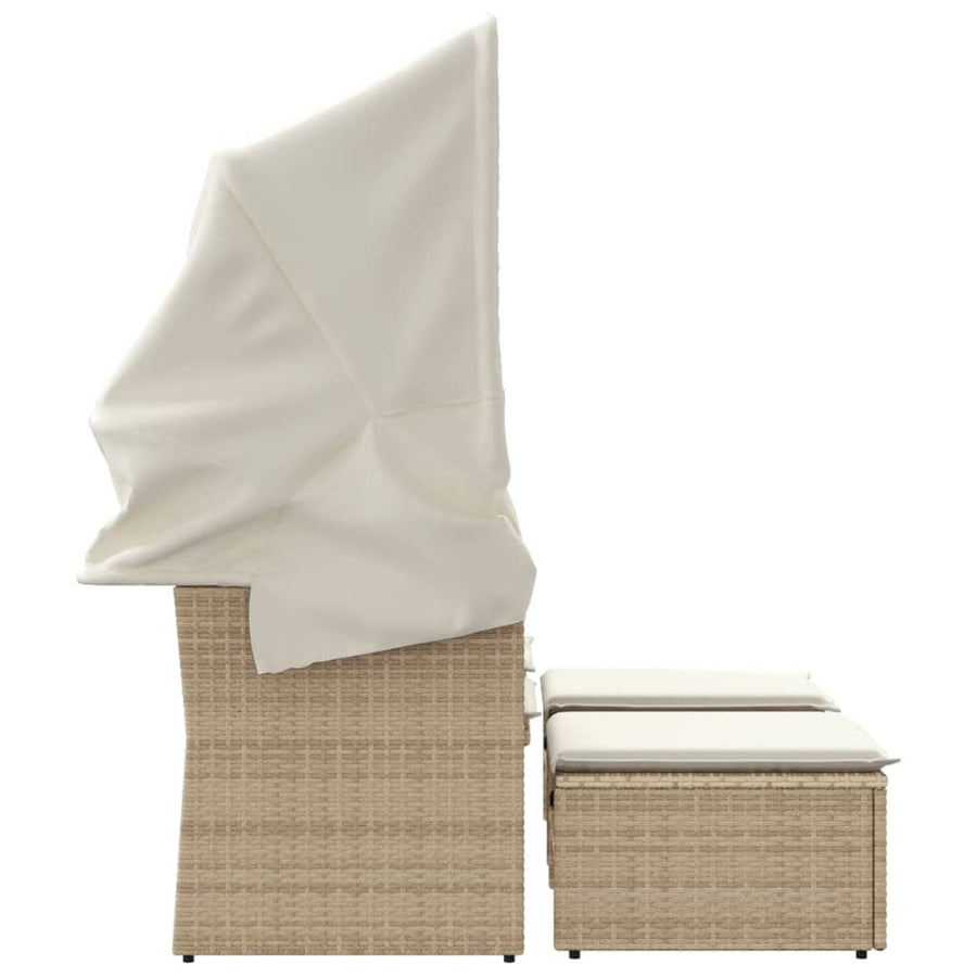 Tuinbank 2-Zits En Voetenbanken Poly Rattan Beige met luifel