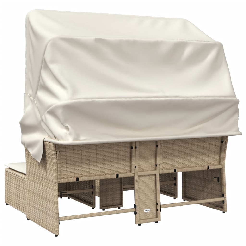 Tuinbank 2-Zits En Voetenbanken Poly Rattan Beige met luifel