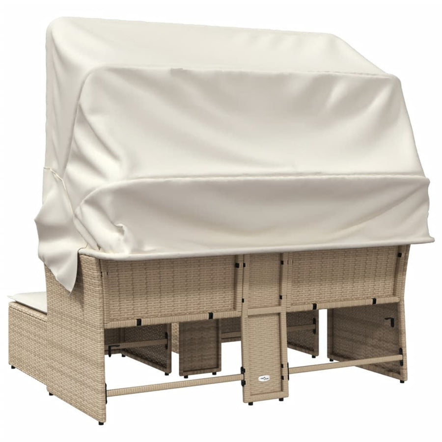 Tuinbank 2-Zits En Voetenbanken Poly Rattan Beige met luifel