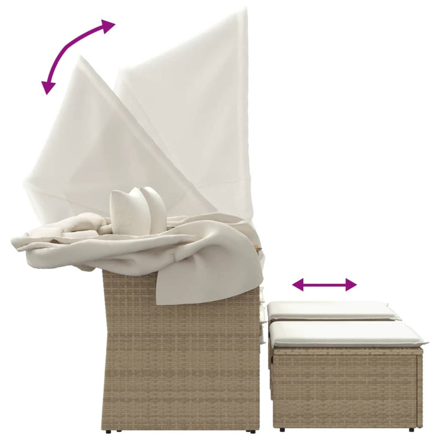 Tuinbank 2-Zits En Voetenbanken Poly Rattan Beige met luifel