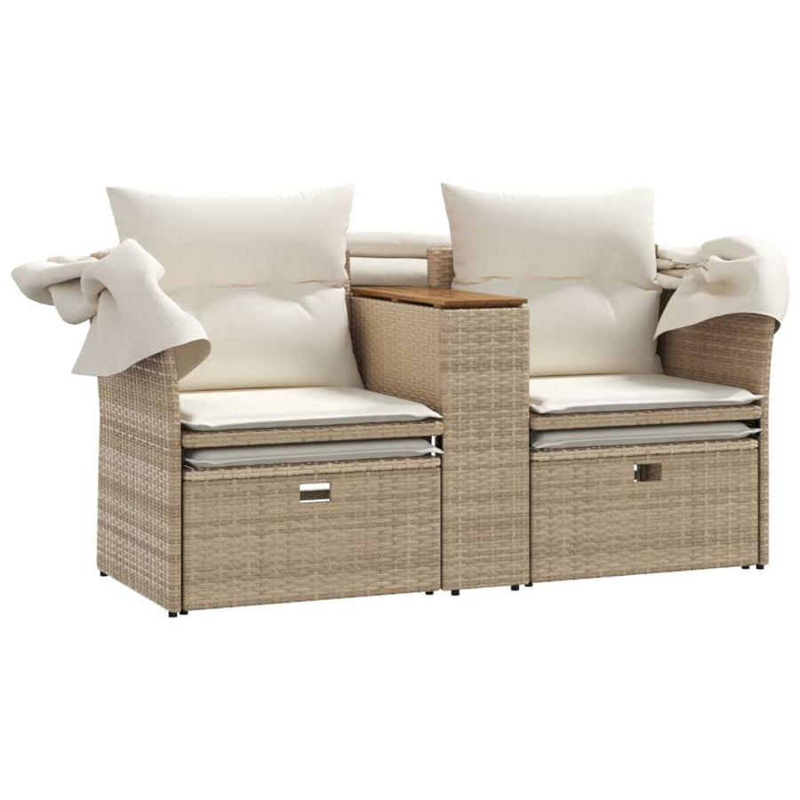 Tuinbank 2-Zits En Voetenbanken Poly Rattan Beige met luifel