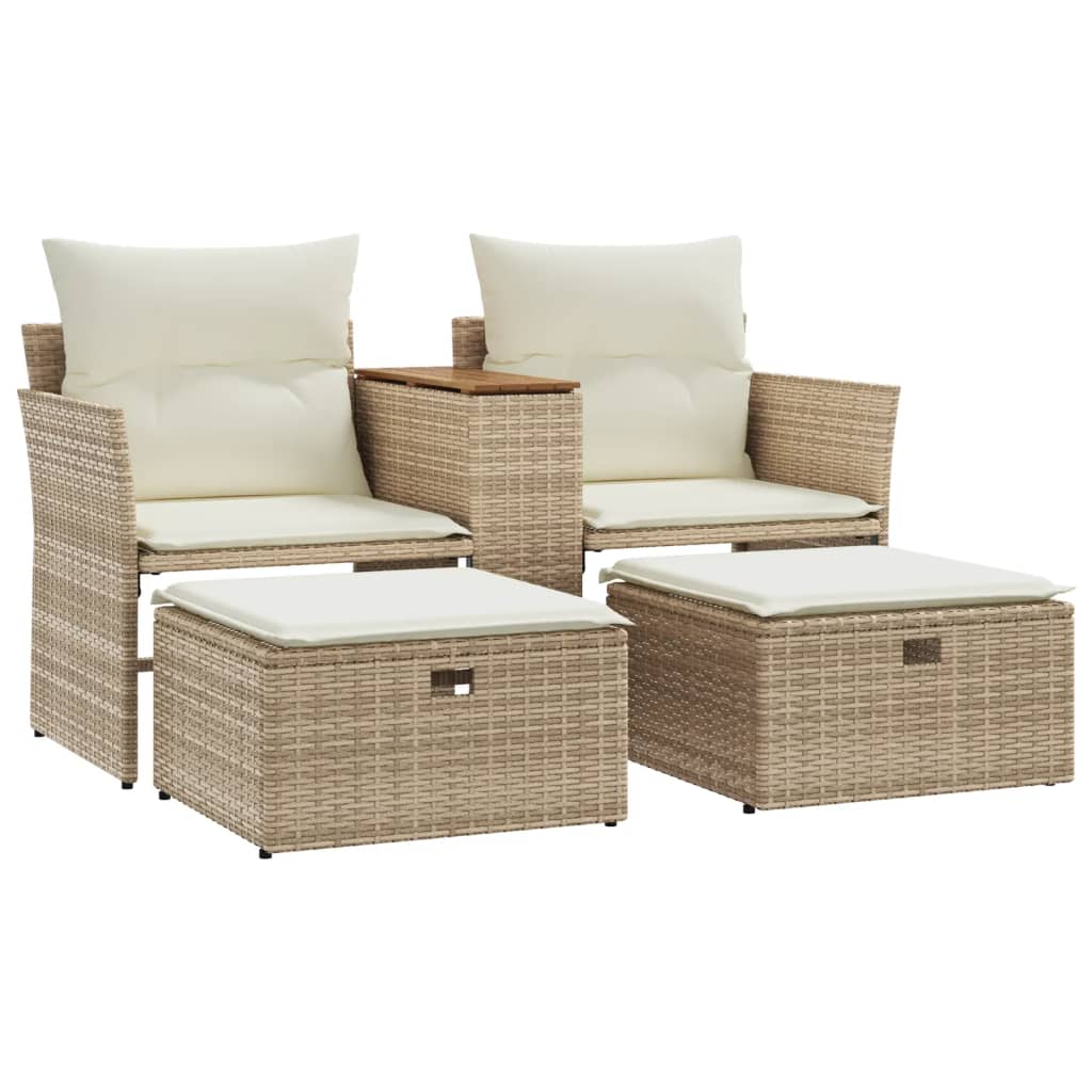 Tuinbank 2-Zits Met Voetenbanken Poly Rattan Beige zonder luifel