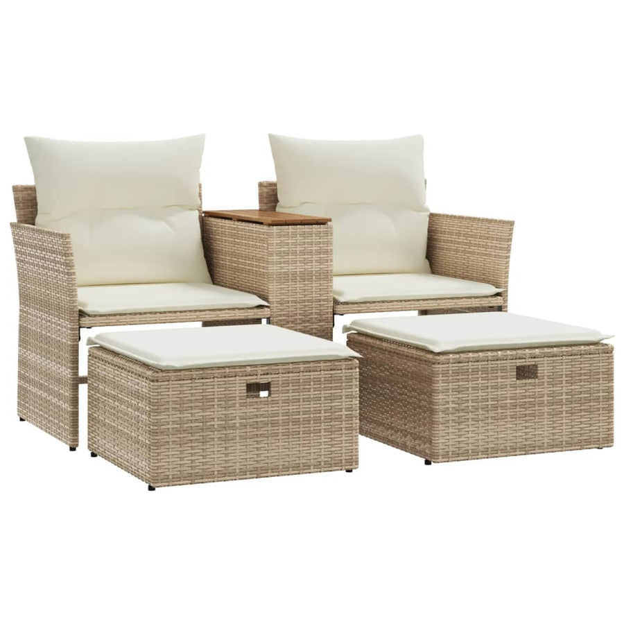 Tuinbank 2-Zits Met Voetenbanken Poly Rattan Beige zonder luifel