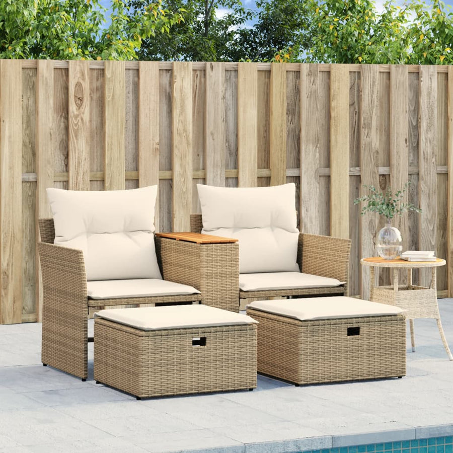 Tuinbank 2-Zits Met Voetenbanken Poly Rattan Beige zonder luifel