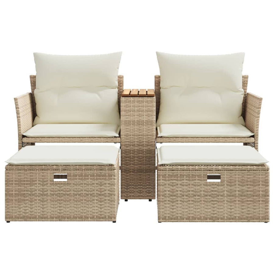 Tuinbank 2-Zits Met Voetenbanken Poly Rattan Beige zonder luifel