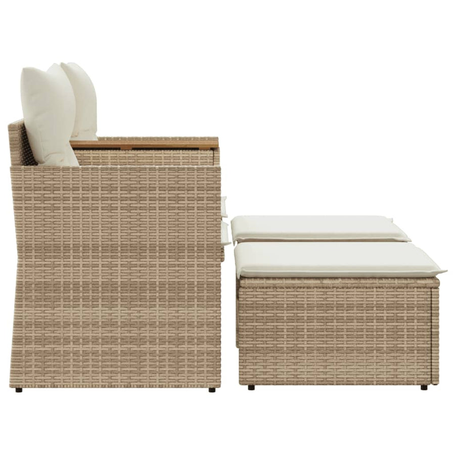 Tuinbank 2-Zits Met Voetenbanken Poly Rattan Beige zonder luifel