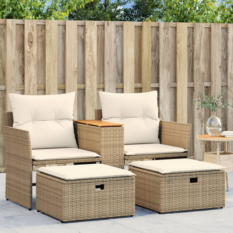 Tuinbank 2-Zits Met Voetenbanken Poly Rattan Beige zonder luifel