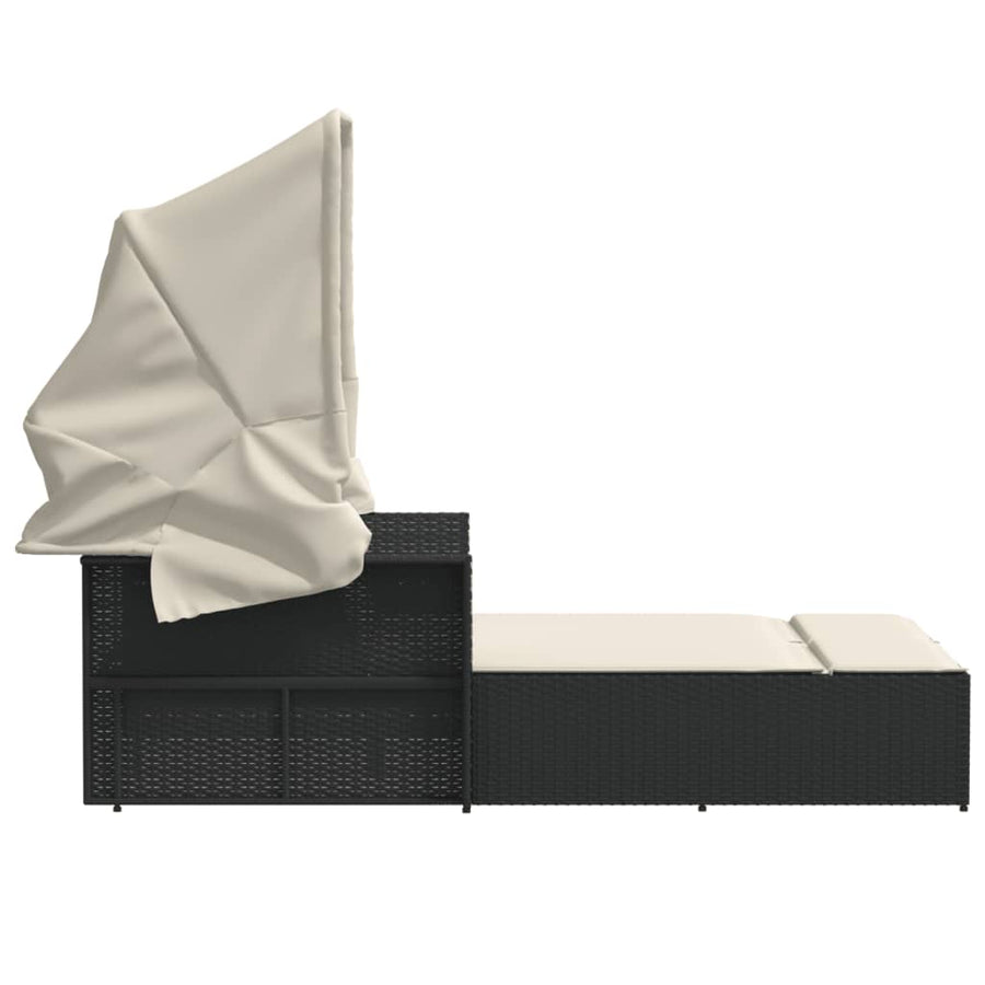Ligbed 2-Persoons Met Luifel En Kussens Poly Rattan Zwart