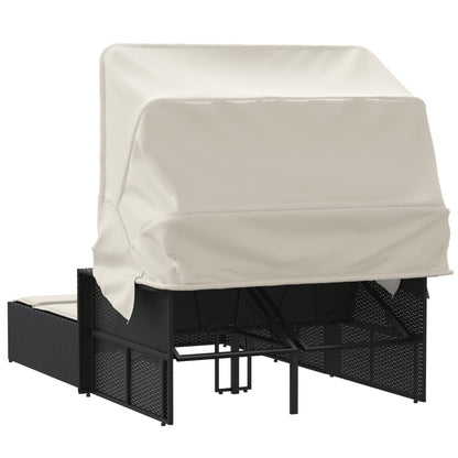 Ligbed 2-Persoons Met Luifel En Kussens Poly Rattan Zwart