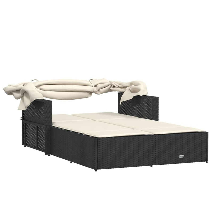 Ligbed 2-Persoons Met Luifel En Kussens Poly Rattan Zwart