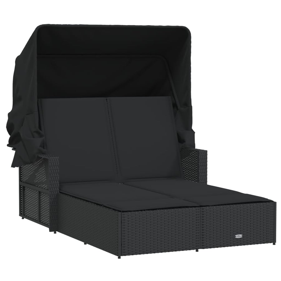 Ligbed 2-Persoons Met Luifel En Kussens Poly Rattan Zwart