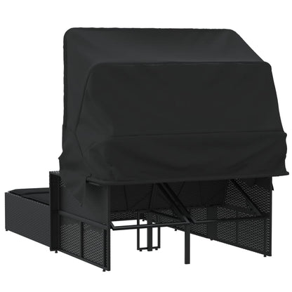 Ligbed 2-Persoons Met Luifel En Kussens Poly Rattan Zwart
