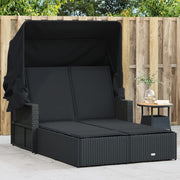 Ligbed 2-persoons poly rattan zwart met luifel en kussens