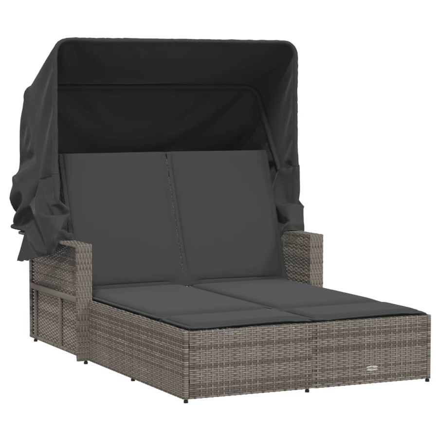 Ligbed 2-Persoons Met Luifel En Kussens Poly Rattan Grijs