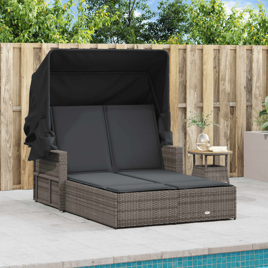 Ligbed 2-Persoons Met Luifel En Kussens Poly Rattan Grijs