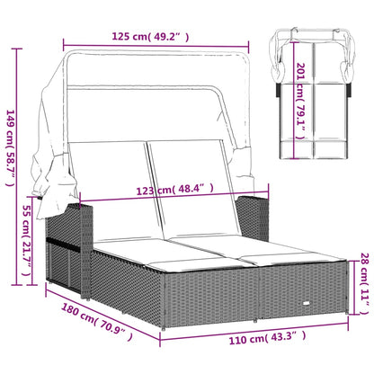 Ligbed 2-Persoons Met Luifel En Kussens Poly Rattan Grijs