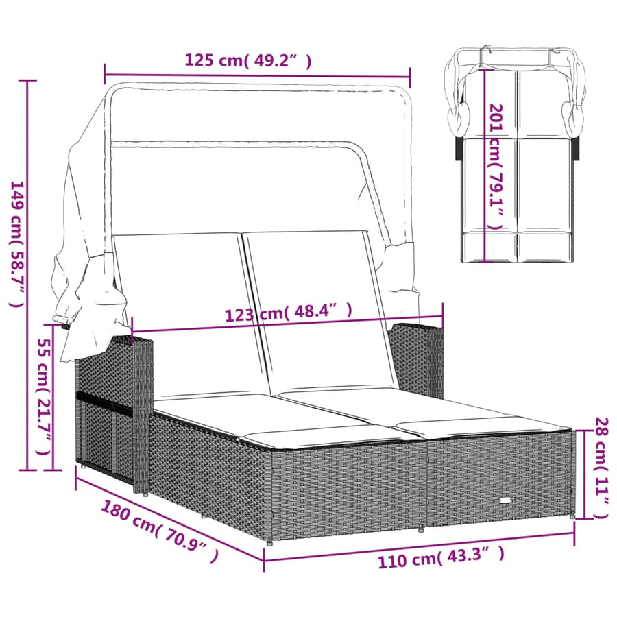Ligbed 2-Persoons Met Luifel En Kussens Poly Rattan Grijs