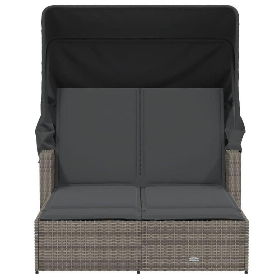 Ligbed 2-Persoons Met Luifel En Kussens Poly Rattan Grijs