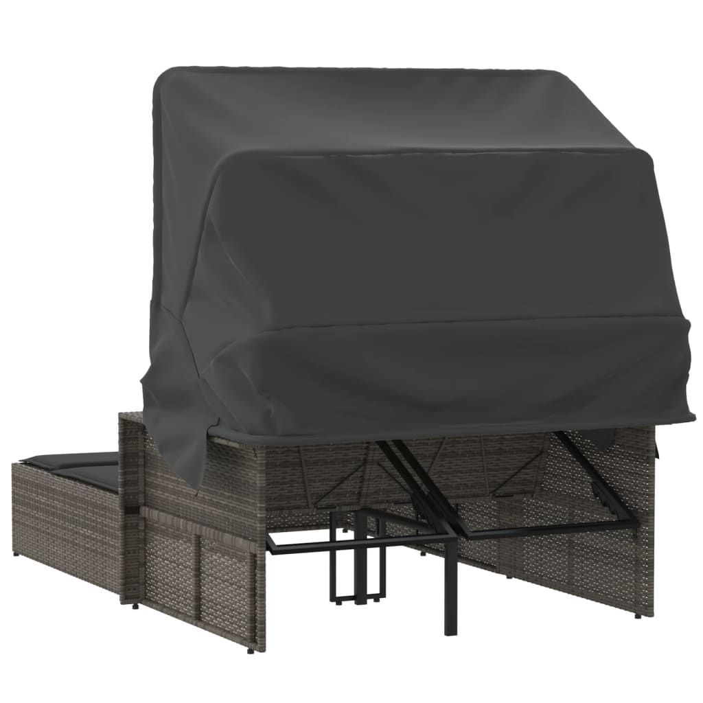 Ligbed 2-Persoons Met Luifel En Kussens Poly Rattan Grijs