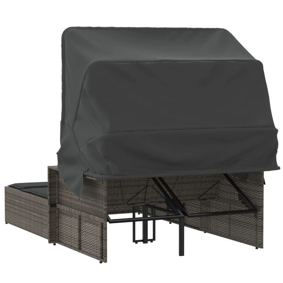 Ligbed 2-Persoons Met Luifel En Kussens Poly Rattan Grijs