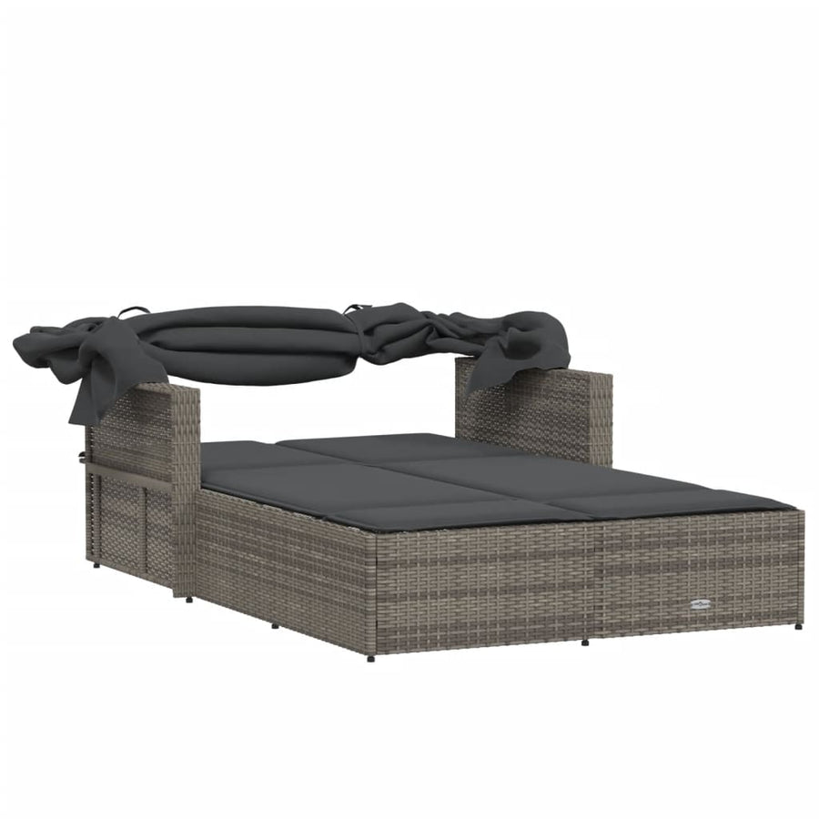 Ligbed 2-Persoons Met Luifel En Kussens Poly Rattan Grijs