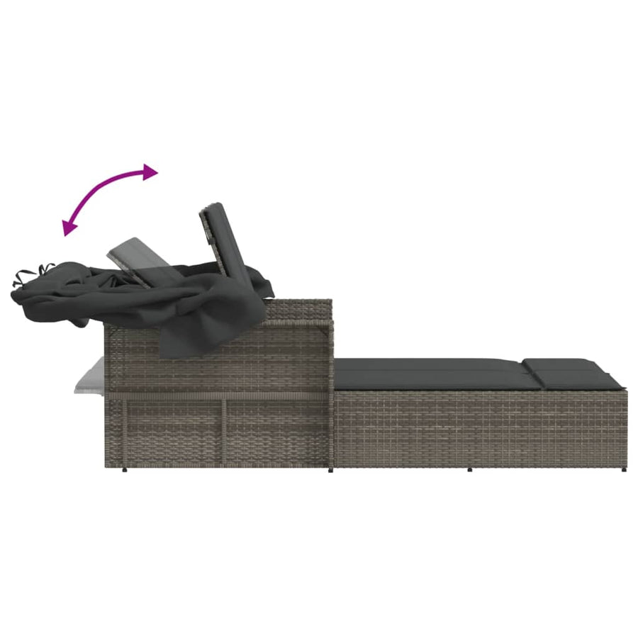 Ligbed 2-Persoons Met Luifel En Kussens Poly Rattan Grijs