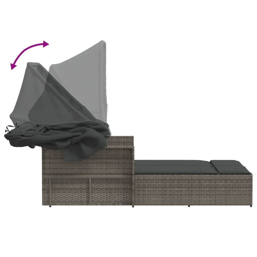 Ligbed 2-Persoons Met Luifel En Kussens Poly Rattan Grijs