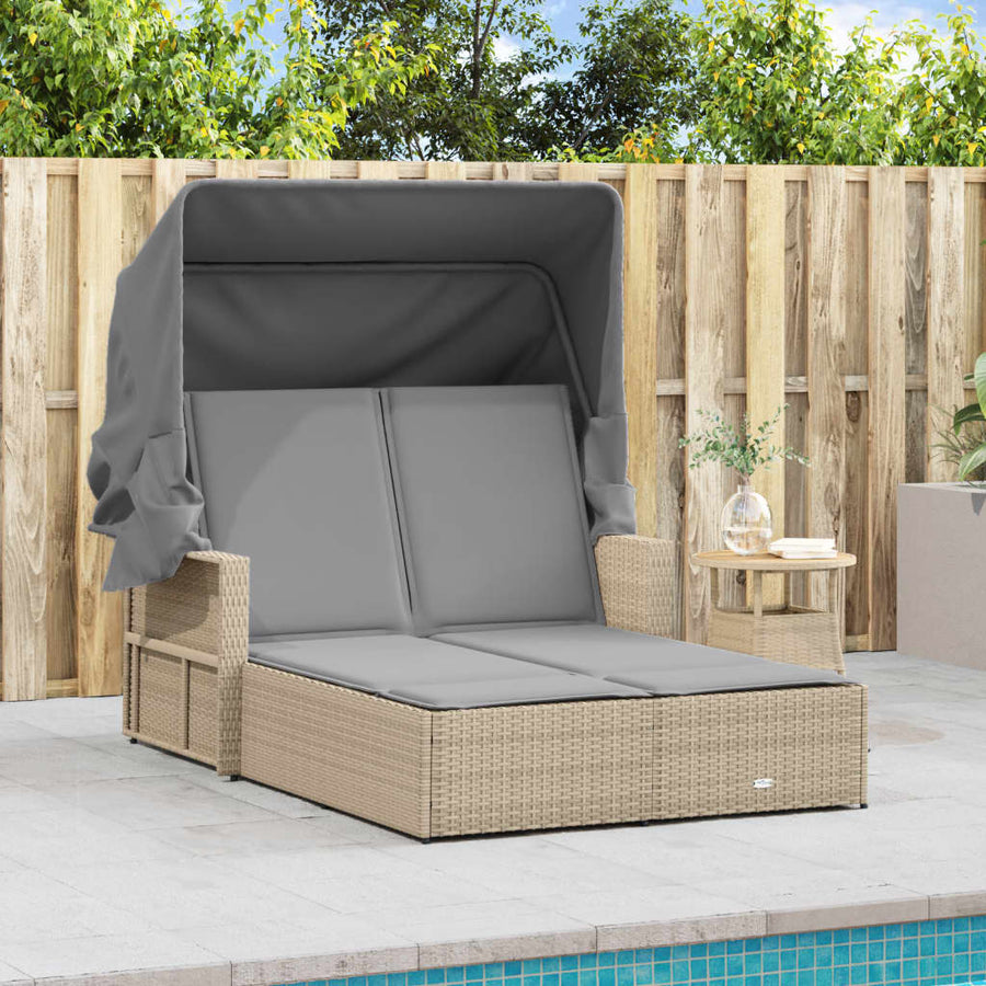 Ligbed 2-Persoons Luifel En Kussens Poly Rattan Gemengd beige