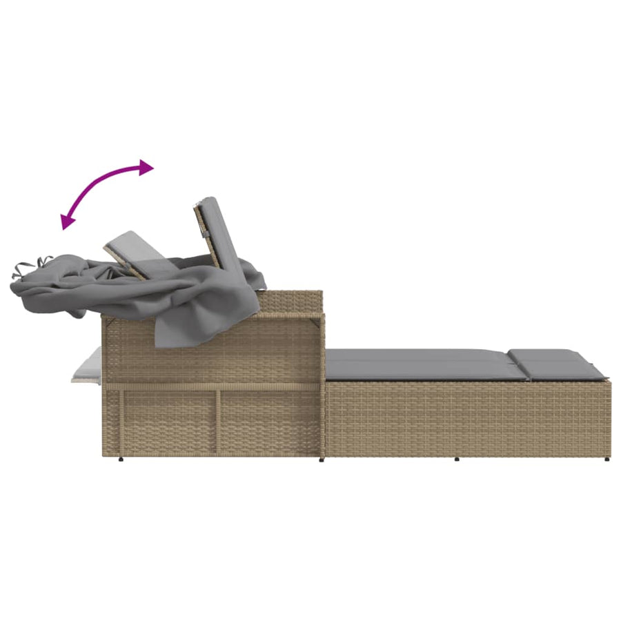 Ligbed 2-Persoons Luifel En Kussens Poly Rattan Gemengd beige