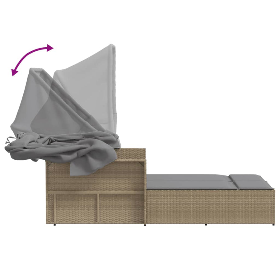 Ligbed 2-Persoons Luifel En Kussens Poly Rattan Gemengd beige