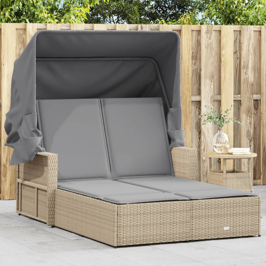 Ligbed 2-Persoons Luifel En Kussens Poly Rattan Gemengd beige