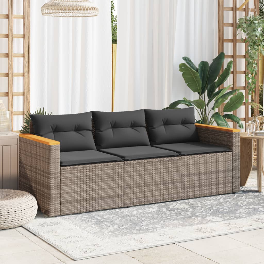 Tuinbank 3-Zits Met Kussens Poly Rattan Grijs