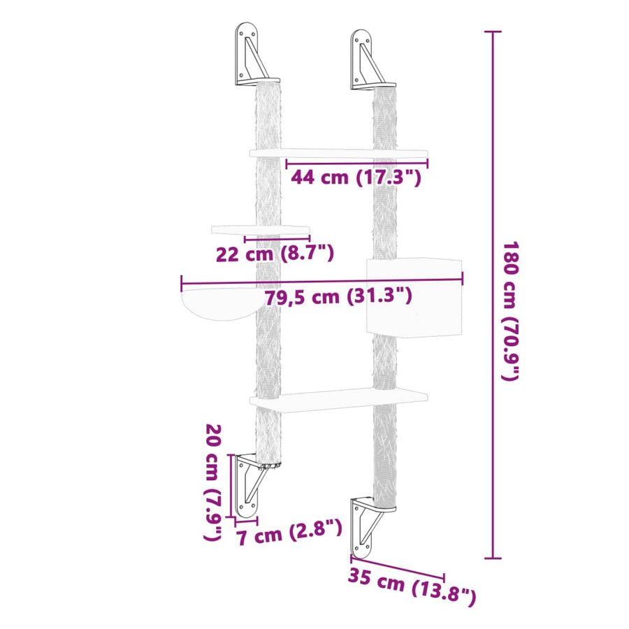 Kattenmeubel Wandgemonteerd Met Krabpaal 180 Cm Kleurig Crème