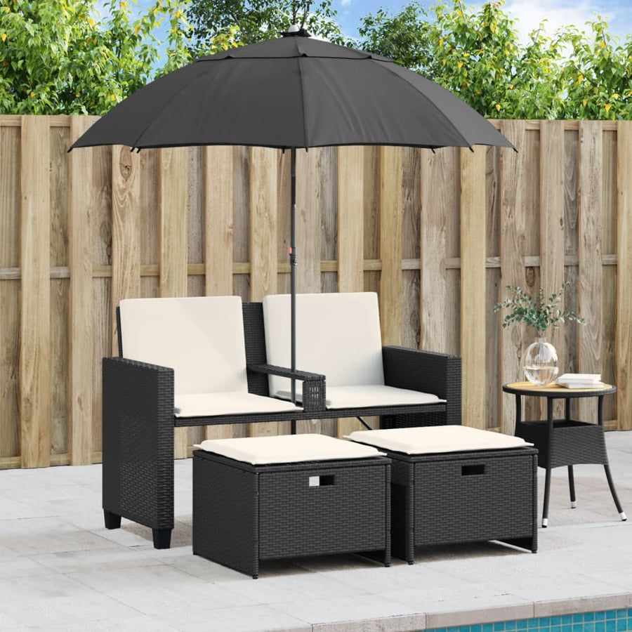 Tuinbank 2-zits met parasol en voetenbanken poly rattan zwart