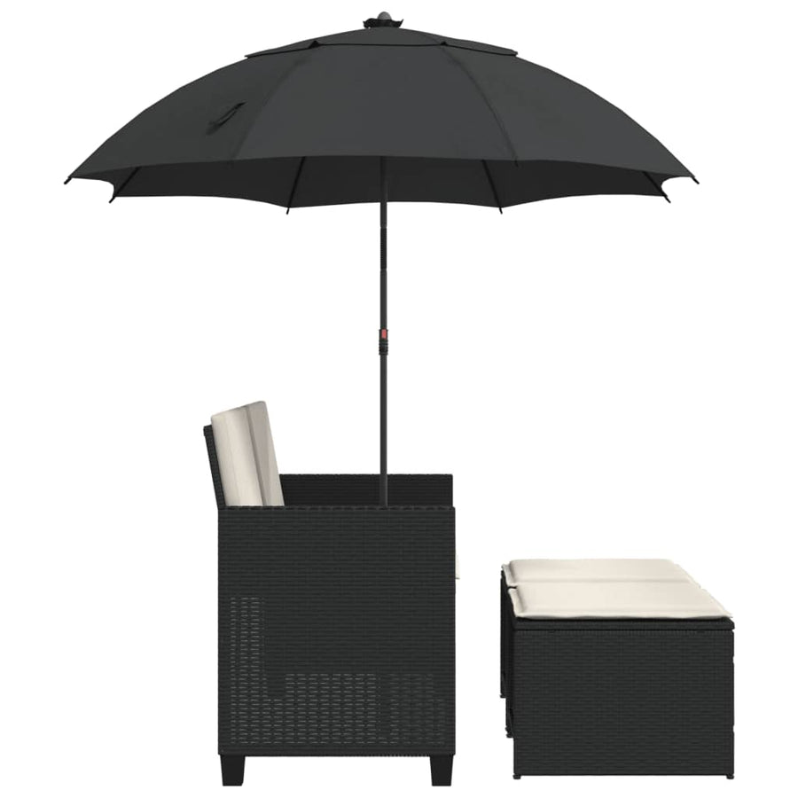 Tuinbank 2-zits met parasol en voetenbanken poly rattan zwart
