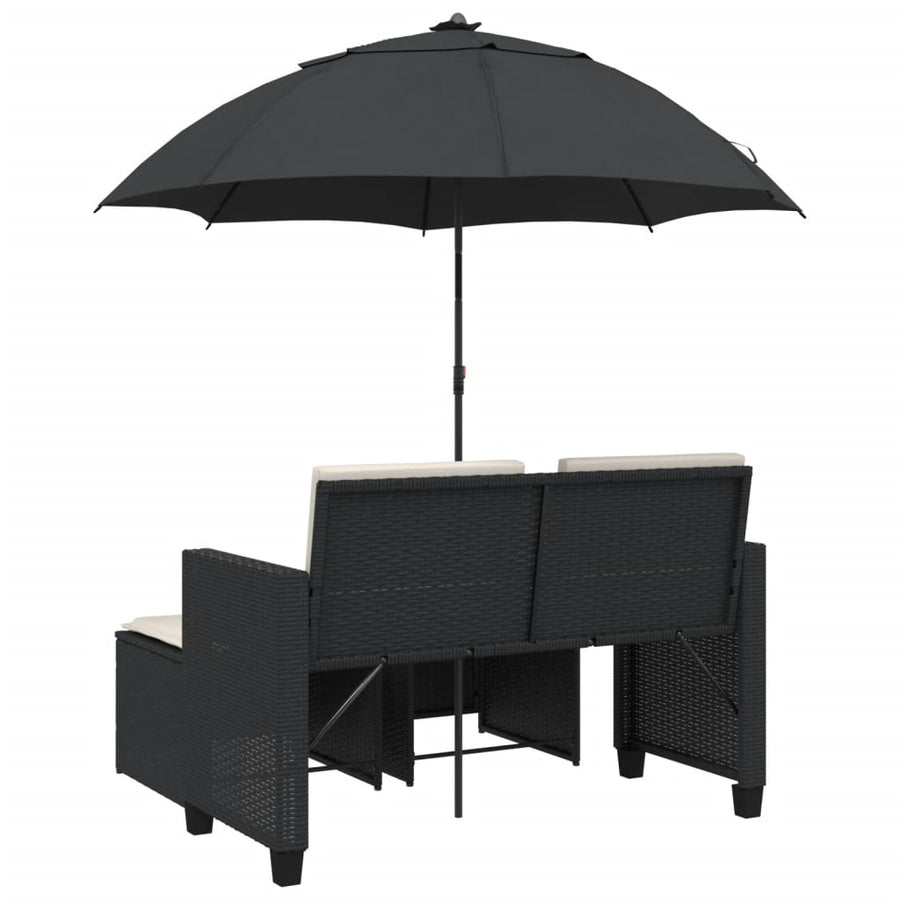 Tuinbank 2-zits met parasol en voetenbanken poly rattan zwart