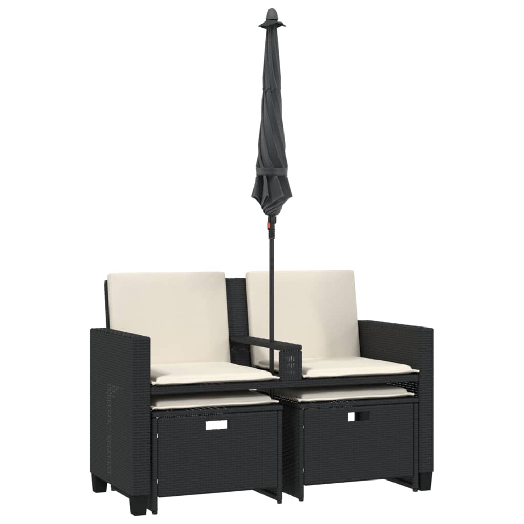 Tuinbank 2-zits met parasol en voetenbanken poly rattan zwart