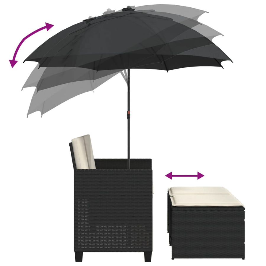 Tuinbank 2-zits met parasol en voetenbanken poly rattan zwart