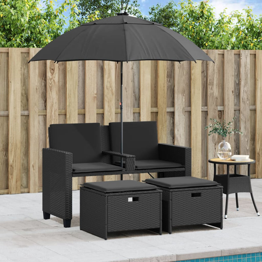 Tuinbank 2-zits met parasol en voetenbanken poly rattan zwart