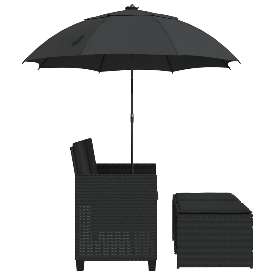 Tuinbank 2-zits met parasol en voetenbanken poly rattan zwart
