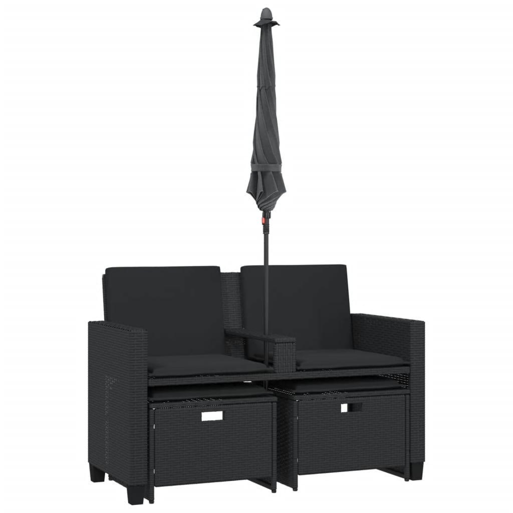 Tuinbank 2-zits met parasol en voetenbanken poly rattan zwart