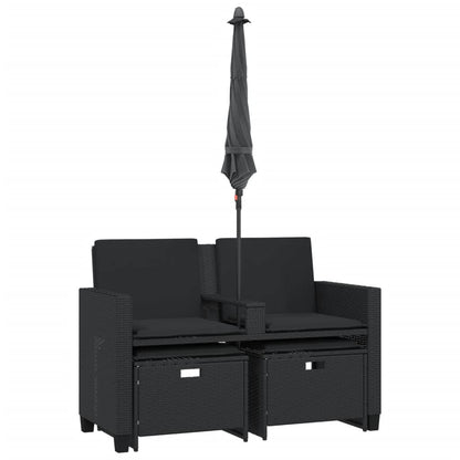 Tuinbank 2-zits met parasol en voetenbanken poly rattan zwart