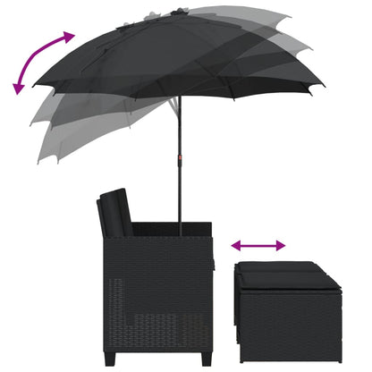 Tuinbank 2-zits met parasol en voetenbanken poly rattan zwart