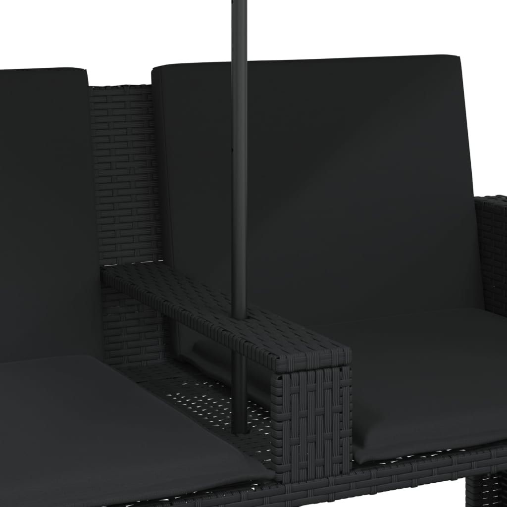 Tuinbank 2-zits met parasol en voetenbanken poly rattan zwart