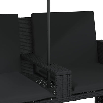 Tuinbank 2-zits met parasol en voetenbanken poly rattan zwart