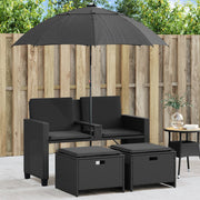 Tuinbank 2-zits poly rattan zwart met parasol
