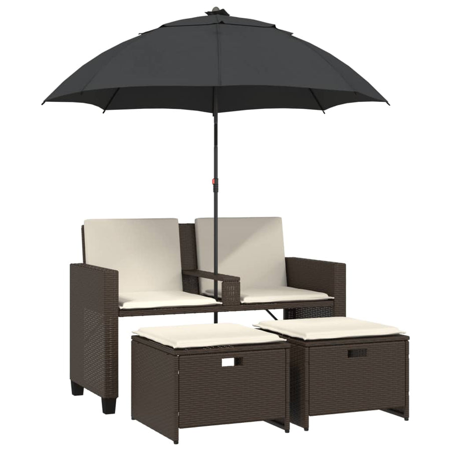 Tuinbank 2-zits met parasol en voetenbanken poly rattan bruin