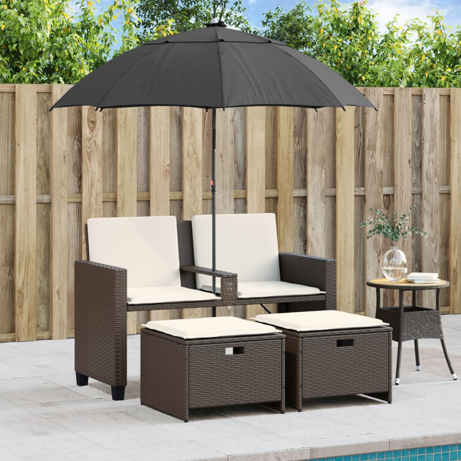 Tuinbank 2-zits met parasol en voetenbanken poly rattan bruin