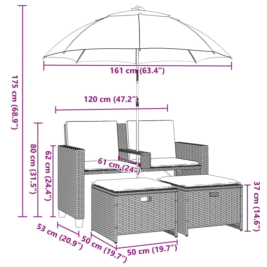 Tuinbank 2-zits met parasol en voetenbanken poly rattan bruin