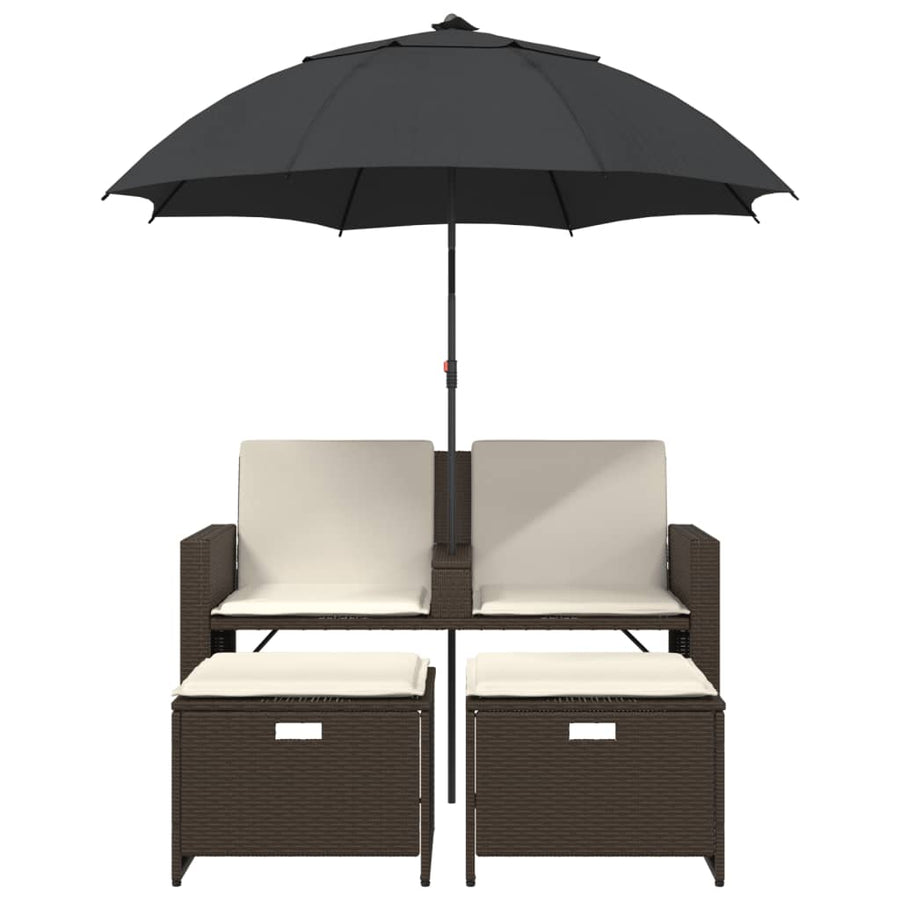 Tuinbank 2-zits met parasol en voetenbanken poly rattan bruin